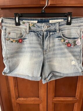 Pilcro and the Letterpress Light Blue Denim Shorts with Floral Embroidery